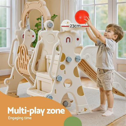 Keezi Kids Slide Swing Set Basketball Hoop Outdoor Playground Toys 160cm Beige.