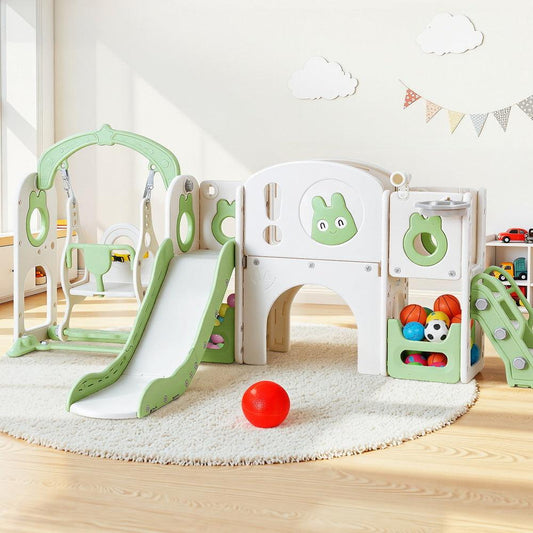 Keezi Kids Slide Swing Set Basketball Hoop Ring Football Outdoor Toys 140cm Green.