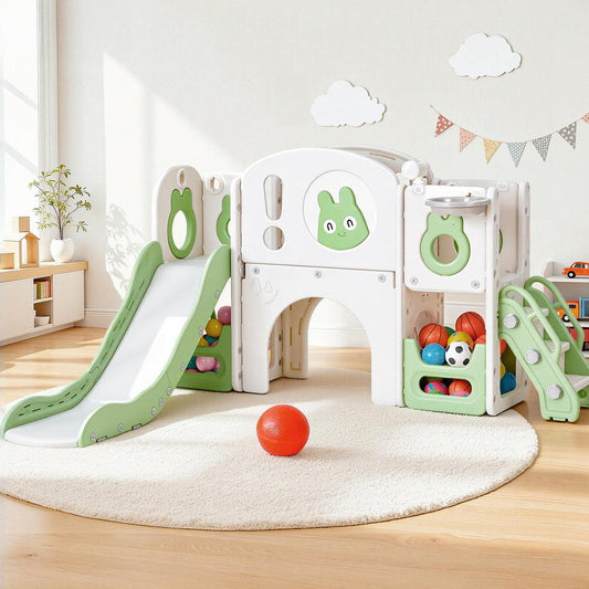Keezi Kids Slide Swing Set Ball Hoop Rings Football Outdoor Toys Green.
