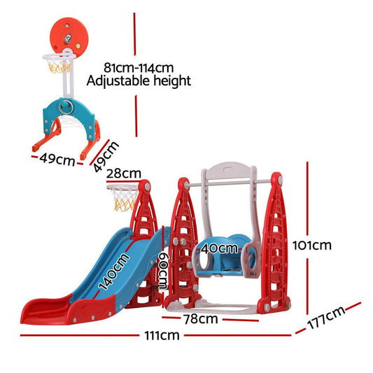 Keezi Kids Slide Swing Set Basketball Hoop Rings Football Outdoor Toys 140cm Red.