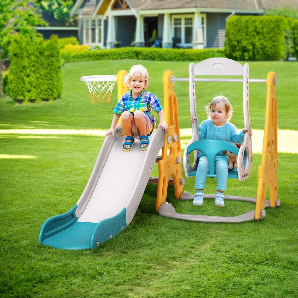 Keezi Kids Slide Swing Set Basketball Outdoor Toys Adjustable Height 140cm Green.