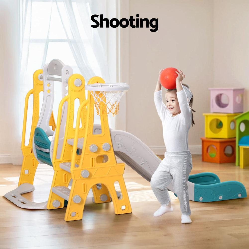 Keezi Kids Slide Swing Set Basketball Outdoor Toys Adjustable Height 140cm Green.