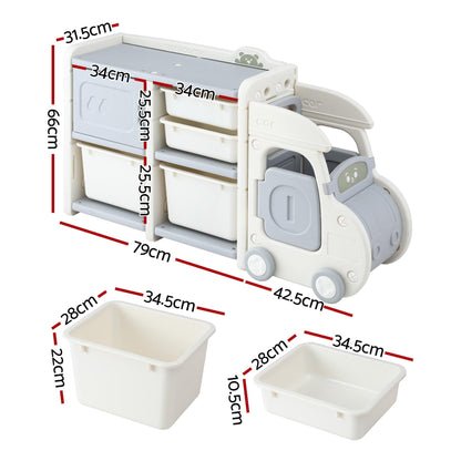 Keezi Toy Storage Organizer with 4 Storage Bins and Cabinet, Bookcase Kids Toys Box, Toy Storage for Kids Room, Playroom, Bedroom, Nursery, Car Shaped.