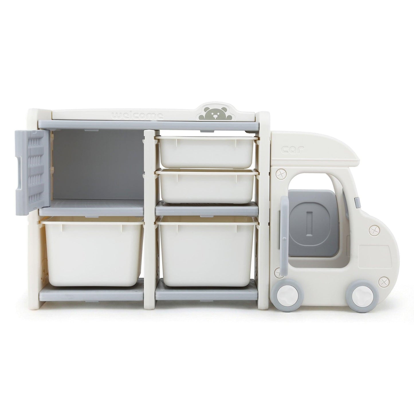 Keezi Toy Storage Organizer with 4 Storage Bins and Cabinet, Bookcase Kids Toys Box, Toy Storage for Kids Room, Playroom, Bedroom, Nursery, Car Shaped.