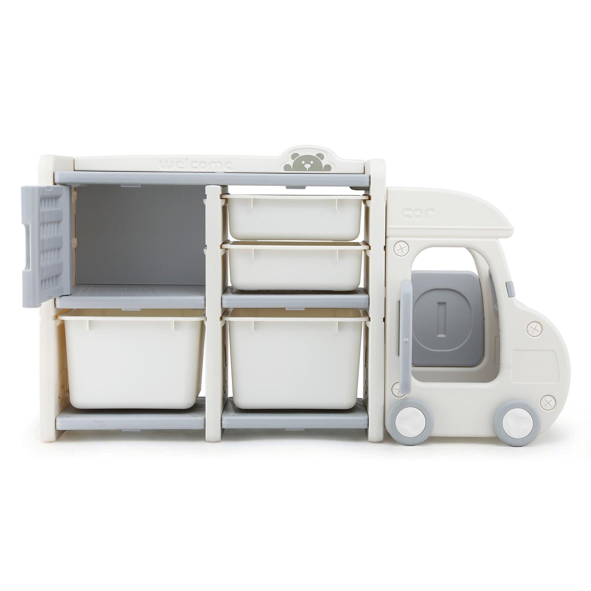 Keezi Toy Storage Organizer with 4 Storage Bins and Cabinet, Bookcase Kids Toys Box, Toy Storage for Kids Room, Playroom, Bedroom, Nursery, Car Shaped.