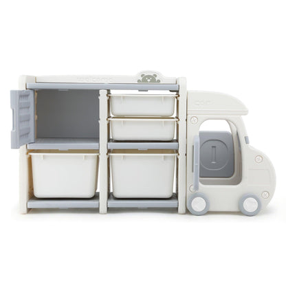 Keezi Toy Storage Organizer with 4 Storage Bins and Cabinet, Bookcase Kids Toys Box, Toy Storage for Kids Room, Playroom, Bedroom, Nursery, Car Shaped.