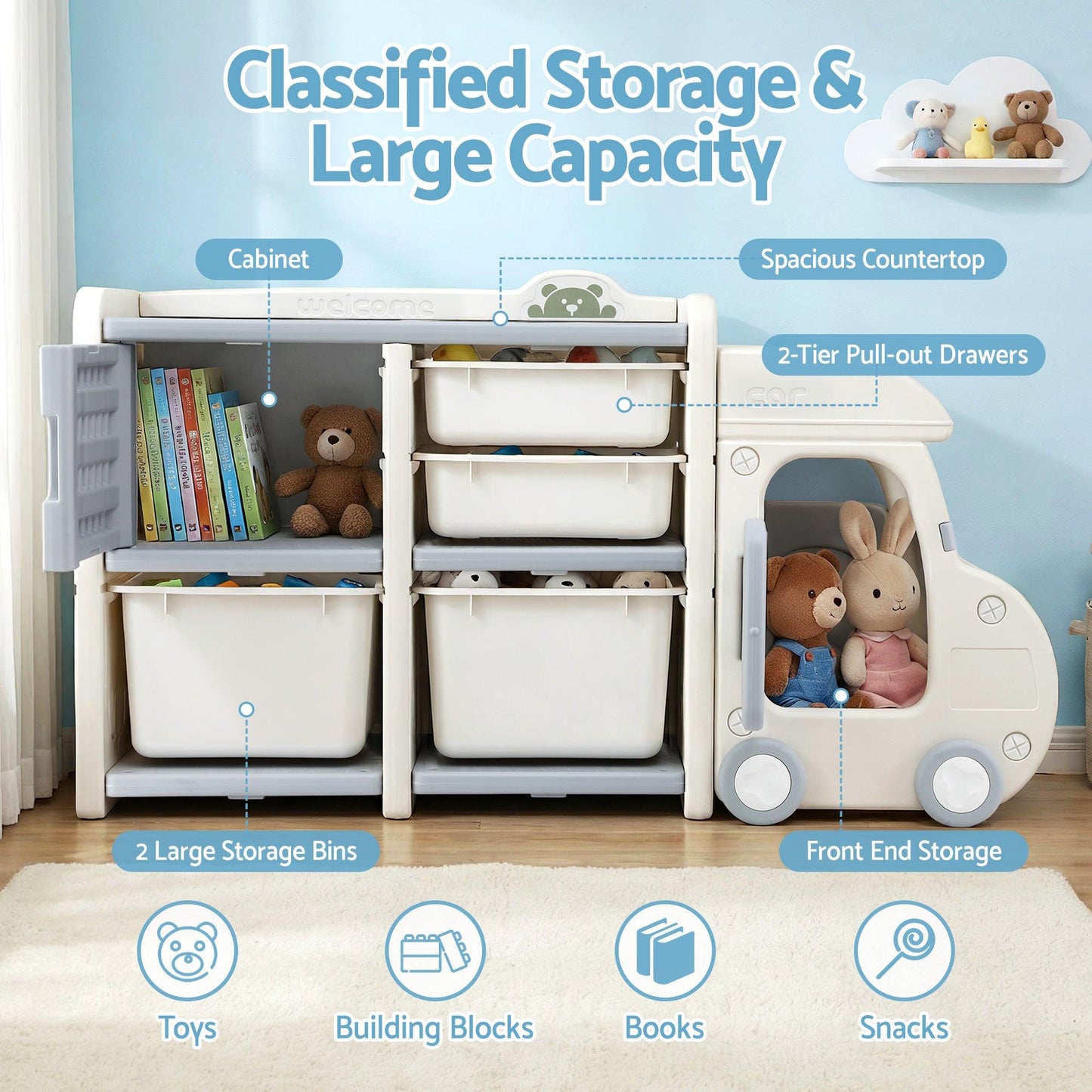 Keezi Toy Storage Organizer with 4 Storage Bins and Cabinet, Bookcase Kids Toys Box, Toy Storage for Kids Room, Playroom, Bedroom, Nursery, Car Shaped.