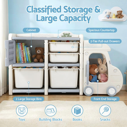 Keezi Toy Storage Organizer with 4 Storage Bins and Cabinet, Bookcase Kids Toys Box, Toy Storage for Kids Room, Playroom, Bedroom, Nursery, Car Shaped.