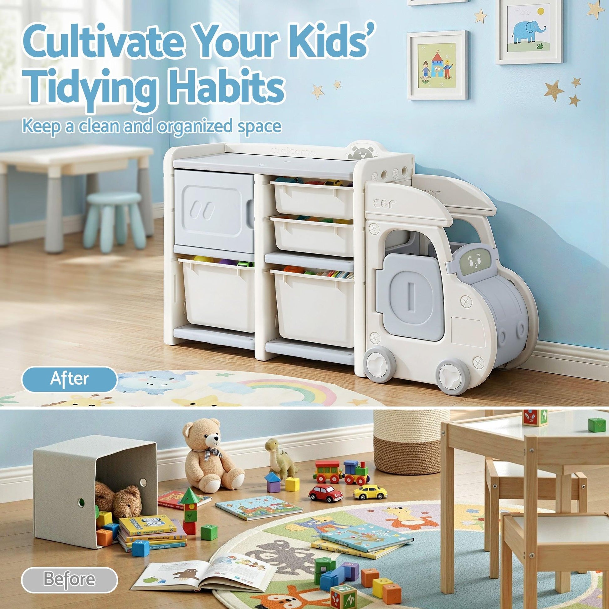 Keezi Toy Storage Organizer with 4 Storage Bins and Cabinet, Bookcase Kids Toys Box, Toy Storage for Kids Room, Playroom, Bedroom, Nursery, Car Shaped.