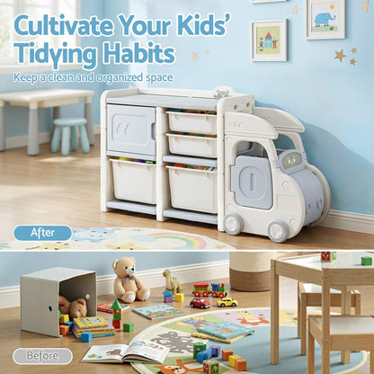 Keezi Toy Storage Organizer with 4 Storage Bins and Cabinet, Bookcase Kids Toys Box, Toy Storage for Kids Room, Playroom, Bedroom, Nursery, Car Shaped.