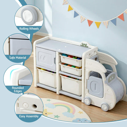 Keezi Toy Storage Organizer with 4 Storage Bins and Cabinet, Bookcase Kids Toys Box, Toy Storage for Kids Room, Playroom, Bedroom, Nursery, Car Shaped.