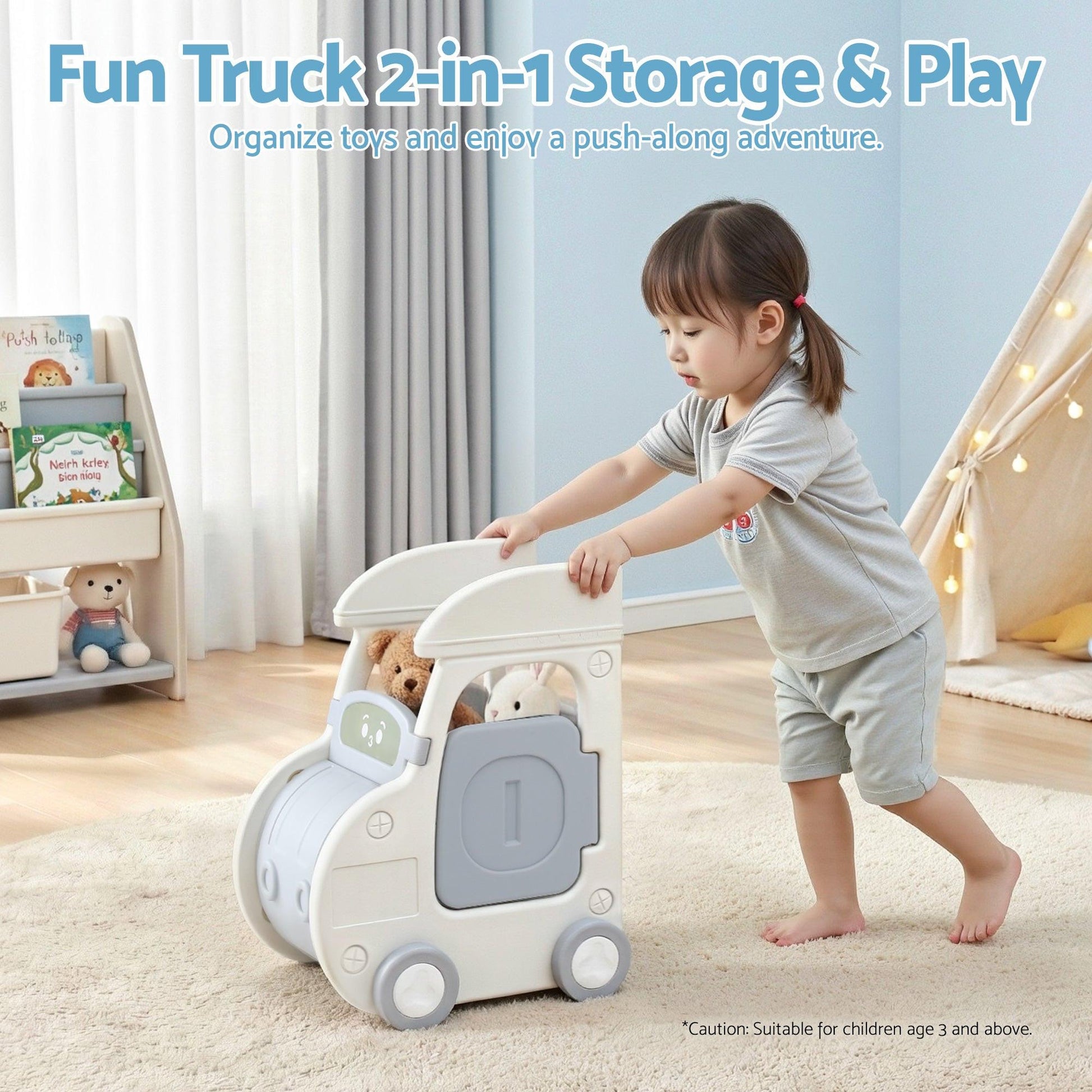 Keezi Toy Storage Organizer with 4 Storage Bins and Cabinet, Bookcase Kids Toys Box, Toy Storage for Kids Room, Playroom, Bedroom, Nursery, Car Shaped.