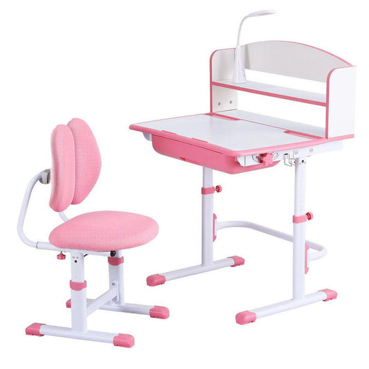 Keezi Kids Study Desk Chair Set Adjustable Ergonomic Table LED Lamp Pink.