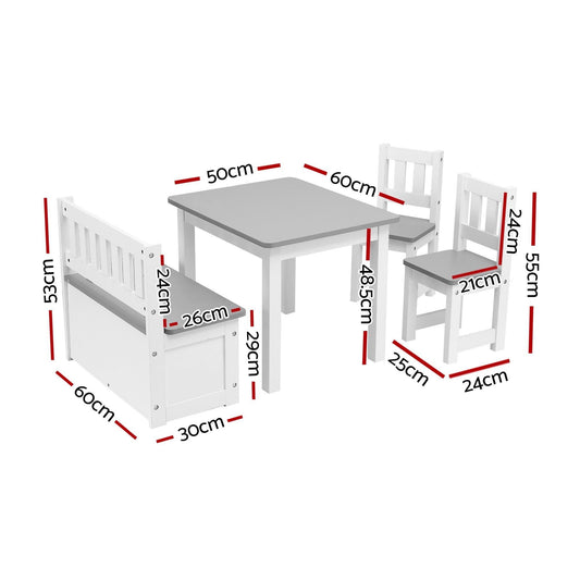 Keezi 2 in 1 Kids Table and Chair Set, Activity Table with Storage Bench and 2 Chairs for Reading, Drawing, Writing, Snack Time & Arts Crafts, 4 PCS Toddler Table and Chair Set, Grey.