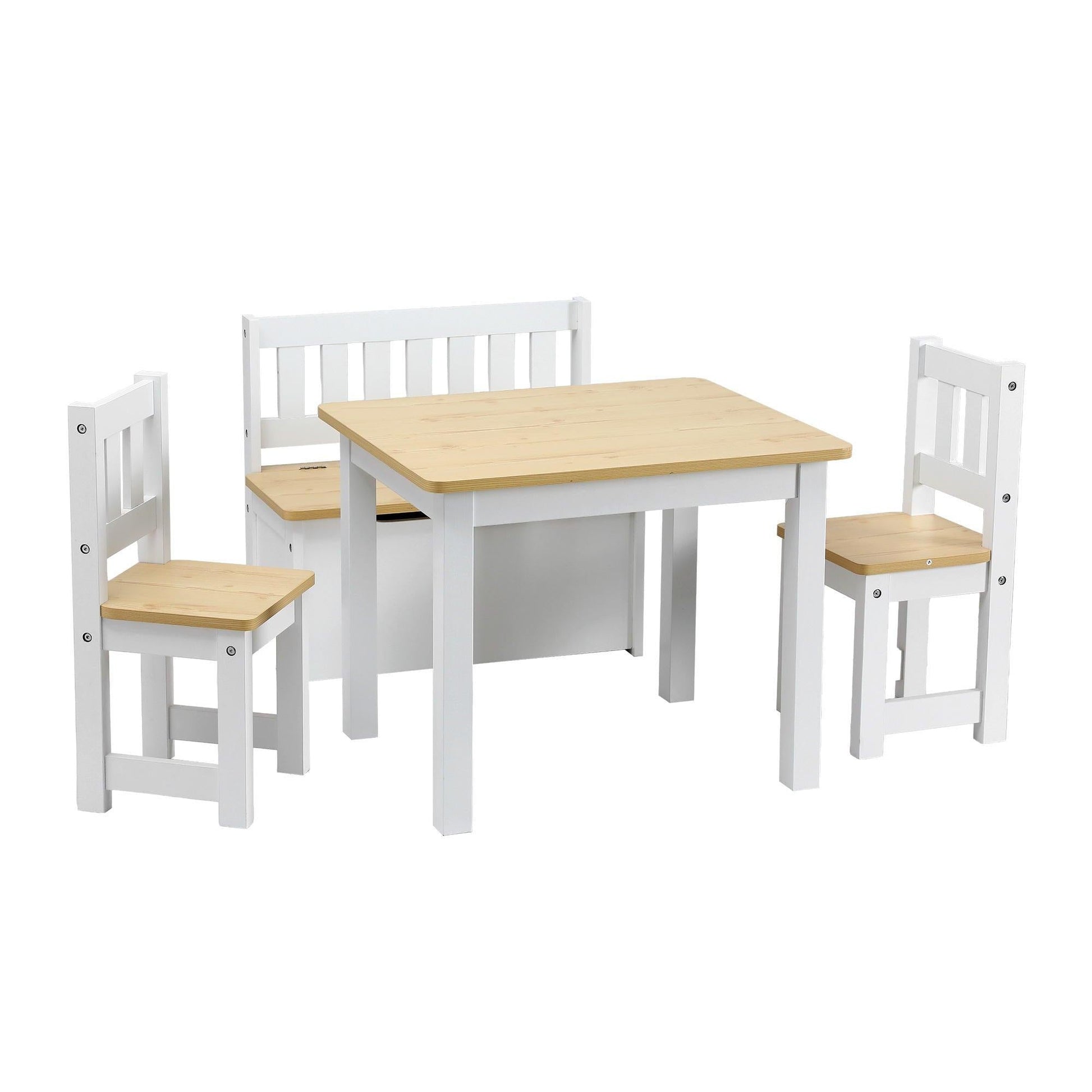 Keezi 2 in 1 Kids Table and Chair Set, Activity Table with Storage Bench and 2 Chairs for Reading, Drawing, Writing, Snack Time & Arts Crafts, 4 PCS Toddler Table and Chair Set, Natural.