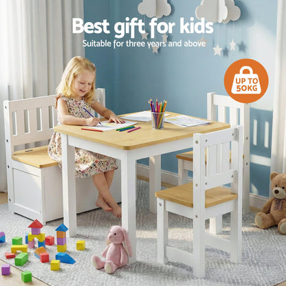 Keezi 2 in 1 Kids Table and Chair Set, Activity Table with Storage Bench and 2 Chairs for Reading, Drawing, Writing, Snack Time & Arts Crafts, 4 PCS Toddler Table and Chair Set, Natural.