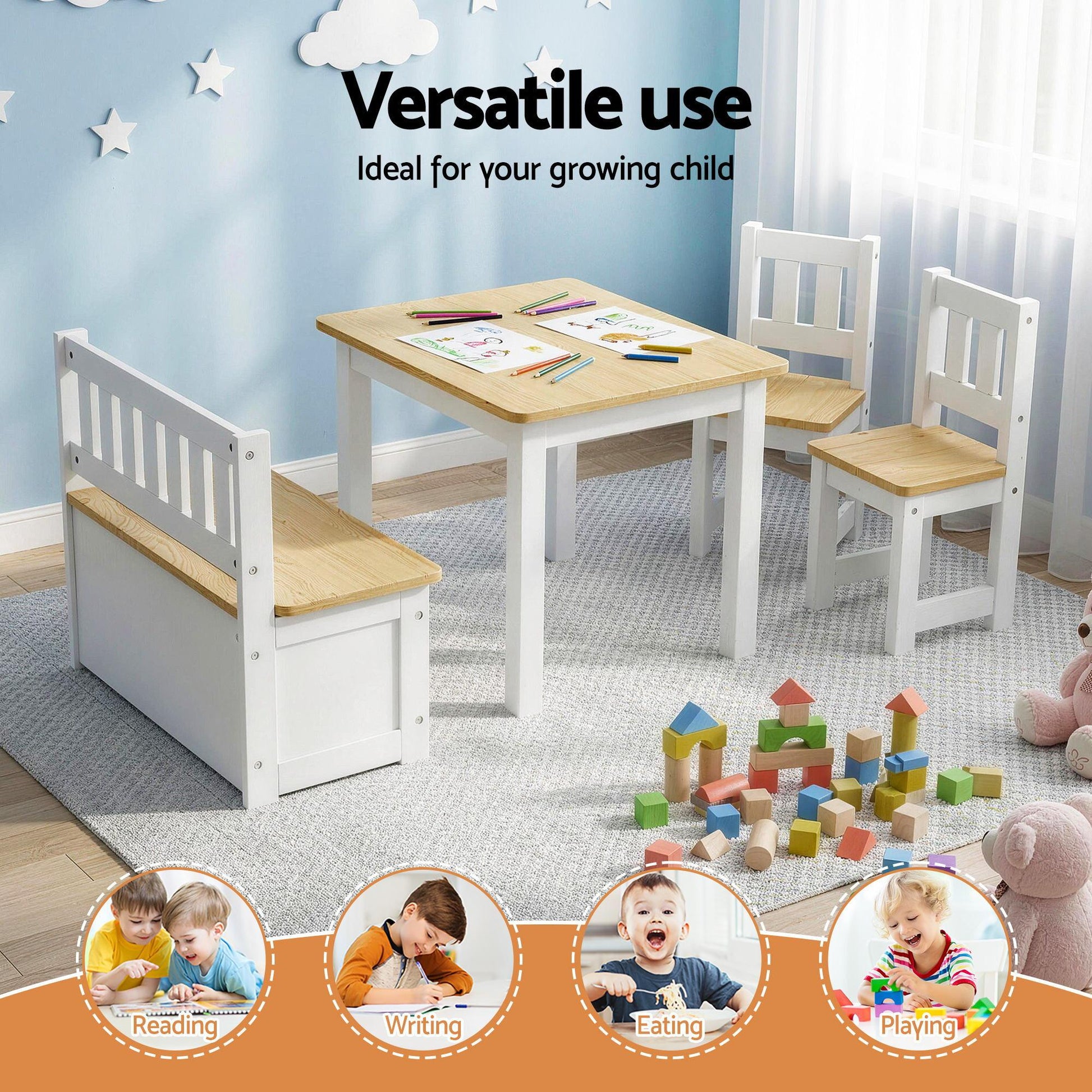 Keezi 2 in 1 Kids Table and Chair Set, Activity Table with Storage Bench and 2 Chairs for Reading, Drawing, Writing, Snack Time & Arts Crafts, 4 PCS Toddler Table and Chair Set, Natural.