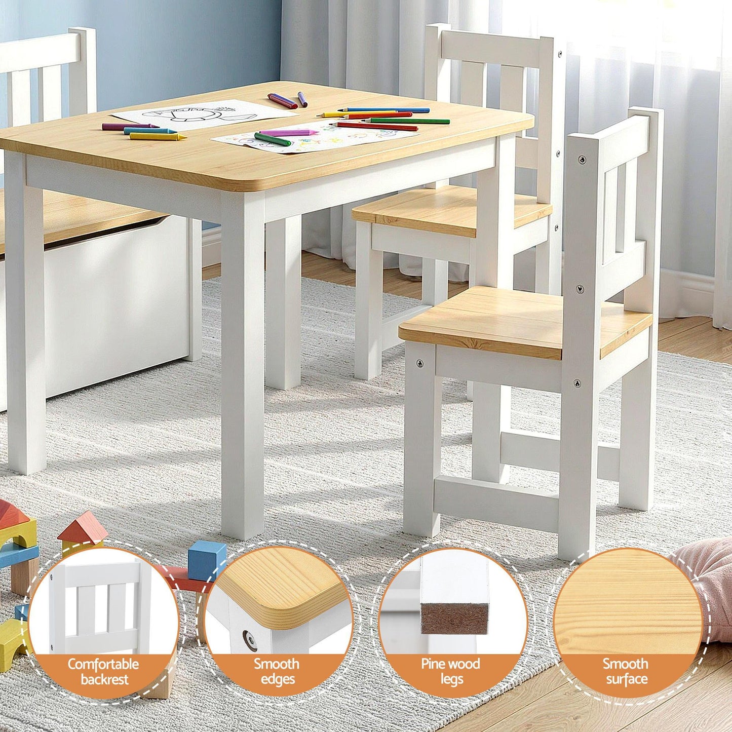 Keezi 2 in 1 Kids Table and Chair Set, Activity Table with Storage Bench and 2 Chairs for Reading, Drawing, Writing, Snack Time & Arts Crafts, 4 PCS Toddler Table and Chair Set, Natural.