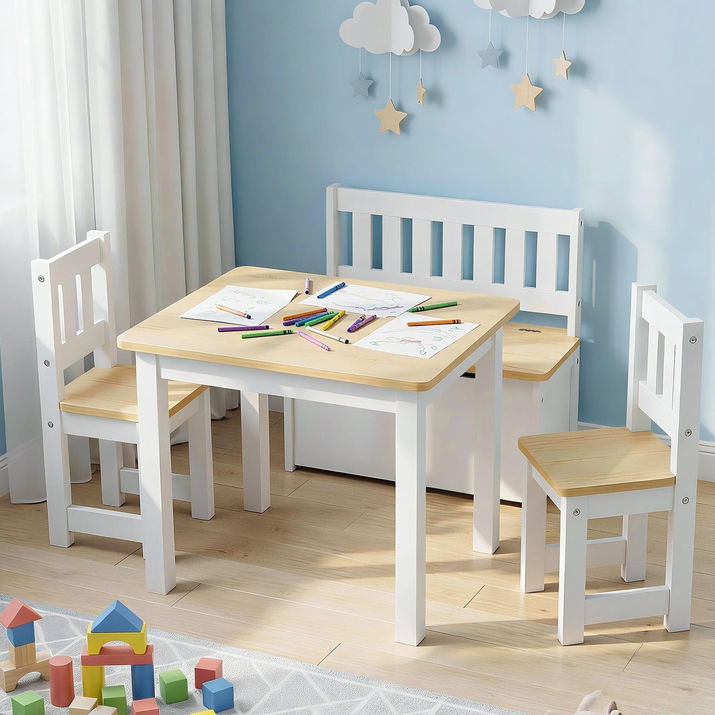 Keezi 2 in 1 Kids Table and Chair Set, Activity Table with Storage Bench and 2 Chairs for Reading, Drawing, Writing, Snack Time & Arts Crafts, 4 PCS Toddler Table and Chair Set, Natural.