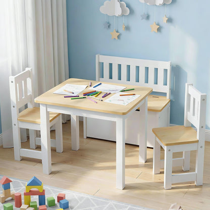 Keezi 2 in 1 Kids Table and Chair Set, Activity Table with Storage Bench and 2 Chairs for Reading, Drawing, Writing, Snack Time & Arts Crafts, 4 PCS Toddler Table and Chair Set, Natural.