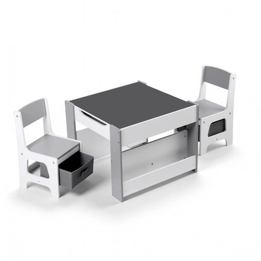 Keezi Kids Table and Chair Set, 4 in 1 Wooden Activity Table with Bookcase, Storage Box and Detachable Blackboard, Toddler Table and 2 Chairs Set, Grey.
