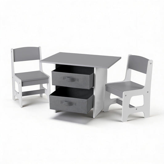 Keezi Kids Table and 2 Chairs Set Wooden Activity Table wit 2 Storage Drawers, Toddler Table and Chair Set for Children Drawing, Reading, Crafts, Eating, Grey.