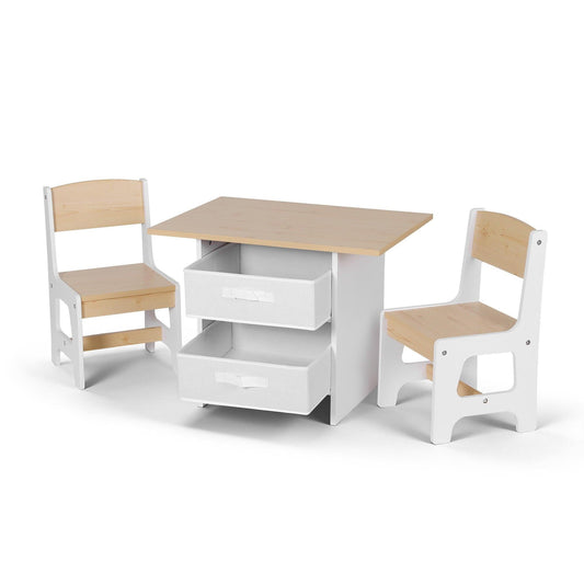 Keezi Kids Table and 2 Chairs Set Wooden Activity Table wit 2 Storage Drawers, Toddler Table and Chair Set for Children Drawing, Reading, Crafts, Eating, Natural.