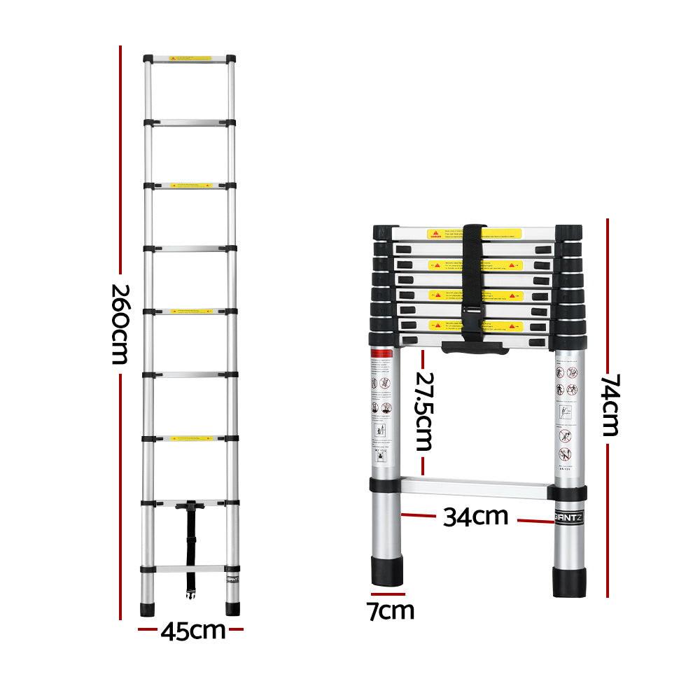 Giantz 2.6M Telescopic Ladder Aluminium Extension Extendable Steps Adjustable Height.
