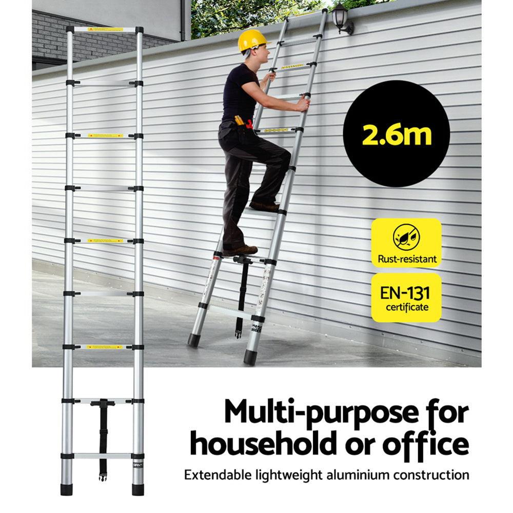 Giantz 2.6M Telescopic Ladder Aluminium Extension Extendable Steps Adjustable Height.