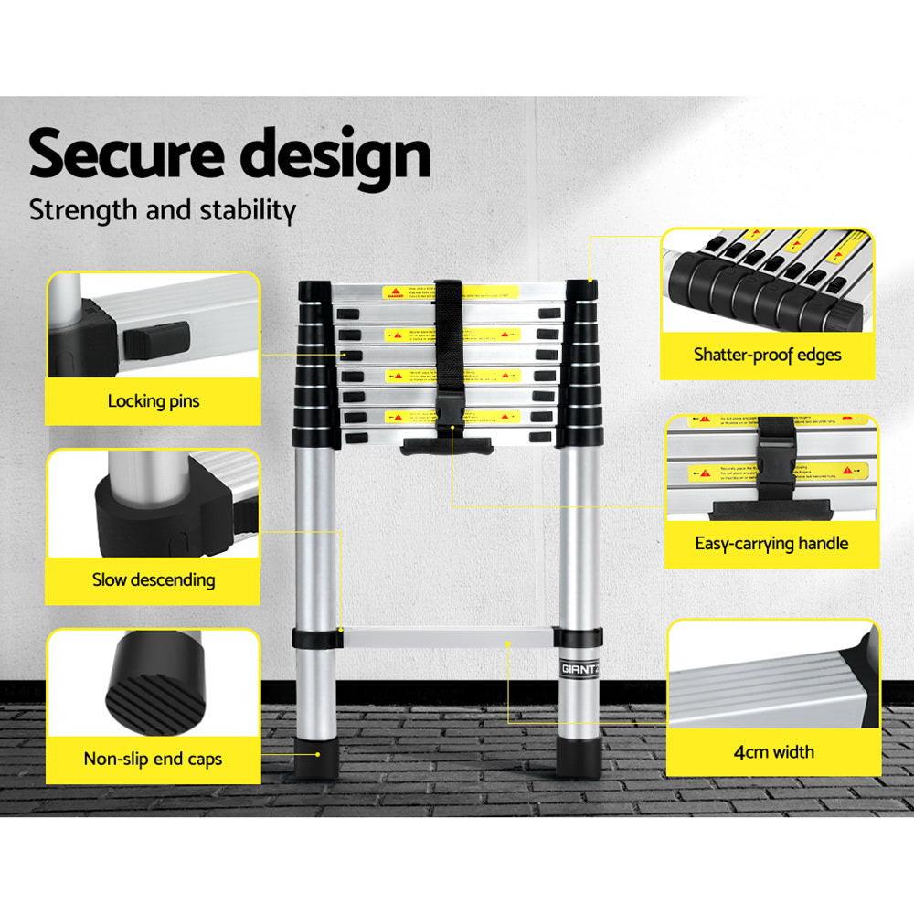 Giantz 2.6M Telescopic Ladder Aluminium Extension Extendable Steps Adjustable Height.