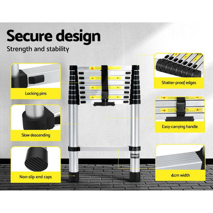 Giantz 2.6M Telescopic Ladder Aluminium Extension Extendable Steps Adjustable Height.