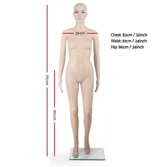 175cm Tall Full Body Female Mannequin - Skin Coloured.
