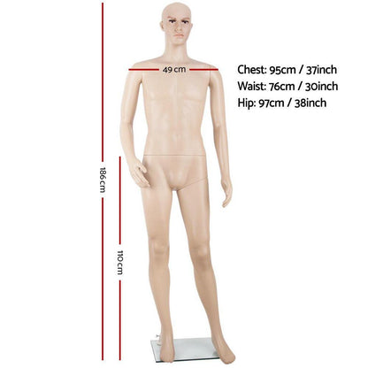 186cm Tall Full Body Male Mannequin - Skin Coloured.