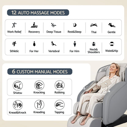 Livemor 4D Massage Chair Recliner - Full Body SL-Track Zero Gravity with AI Body Scan, Deep Tissue Electric Massager with Heat, 12 Auto Programs, LCD Touchscreen & Bluetooth, Grey