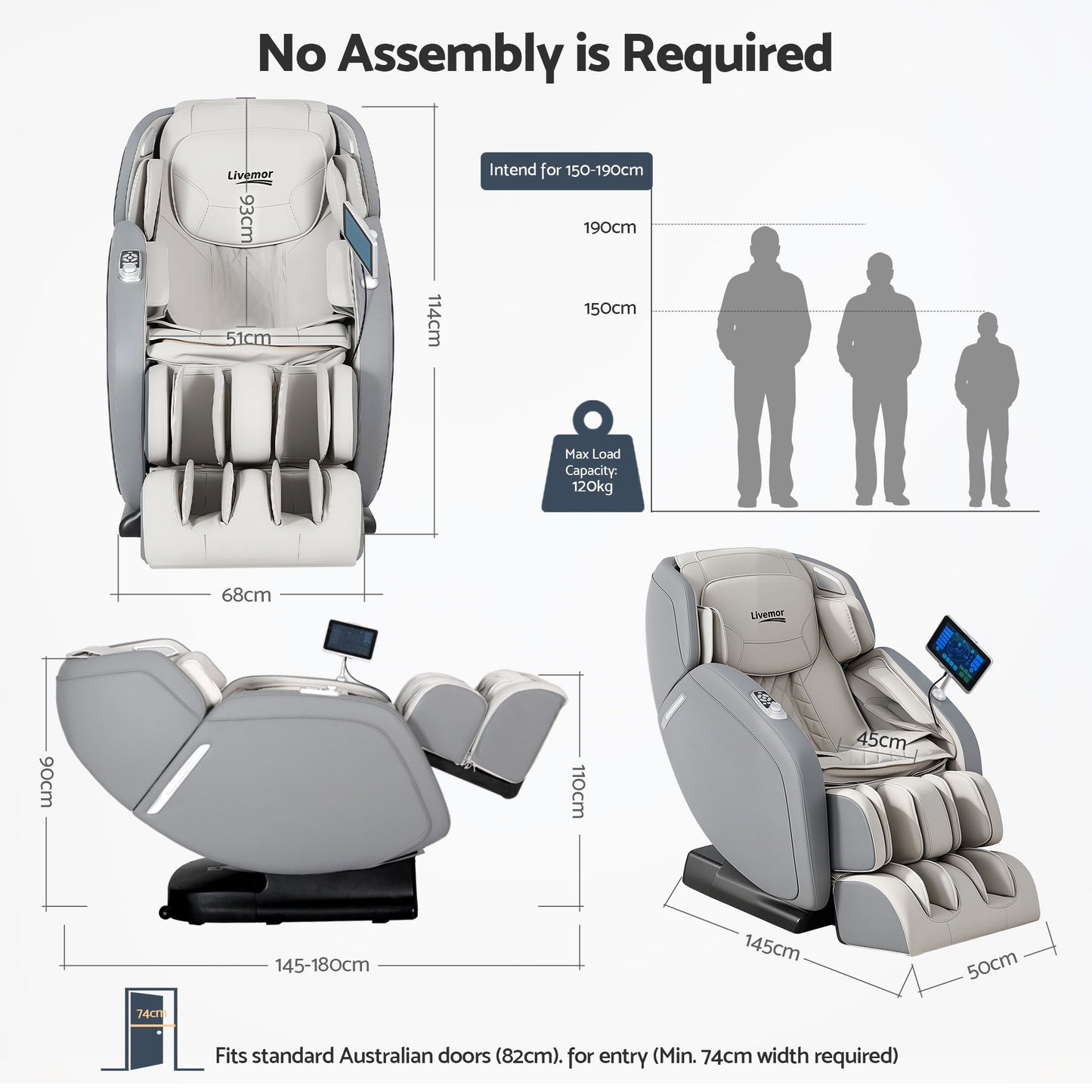 Livemor 4D Massage Chair Recliner - Full Body SL-Track Zero Gravity with AI Body Scan, Deep Tissue Electric Massager with Heat, 12 Auto Programs, LCD Touchscreen & Bluetooth, Grey