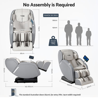 Livemor 4D Massage Chair Recliner - Full Body SL-Track Zero Gravity with AI Body Scan, Deep Tissue Electric Massager with Heat, 12 Auto Programs, LCD Touchscreen & Bluetooth, Grey