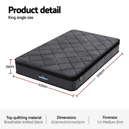 Giselle Bedding King Single Mattress 25cm Pocket Spring Latex Euro Top Medium Firm Bed