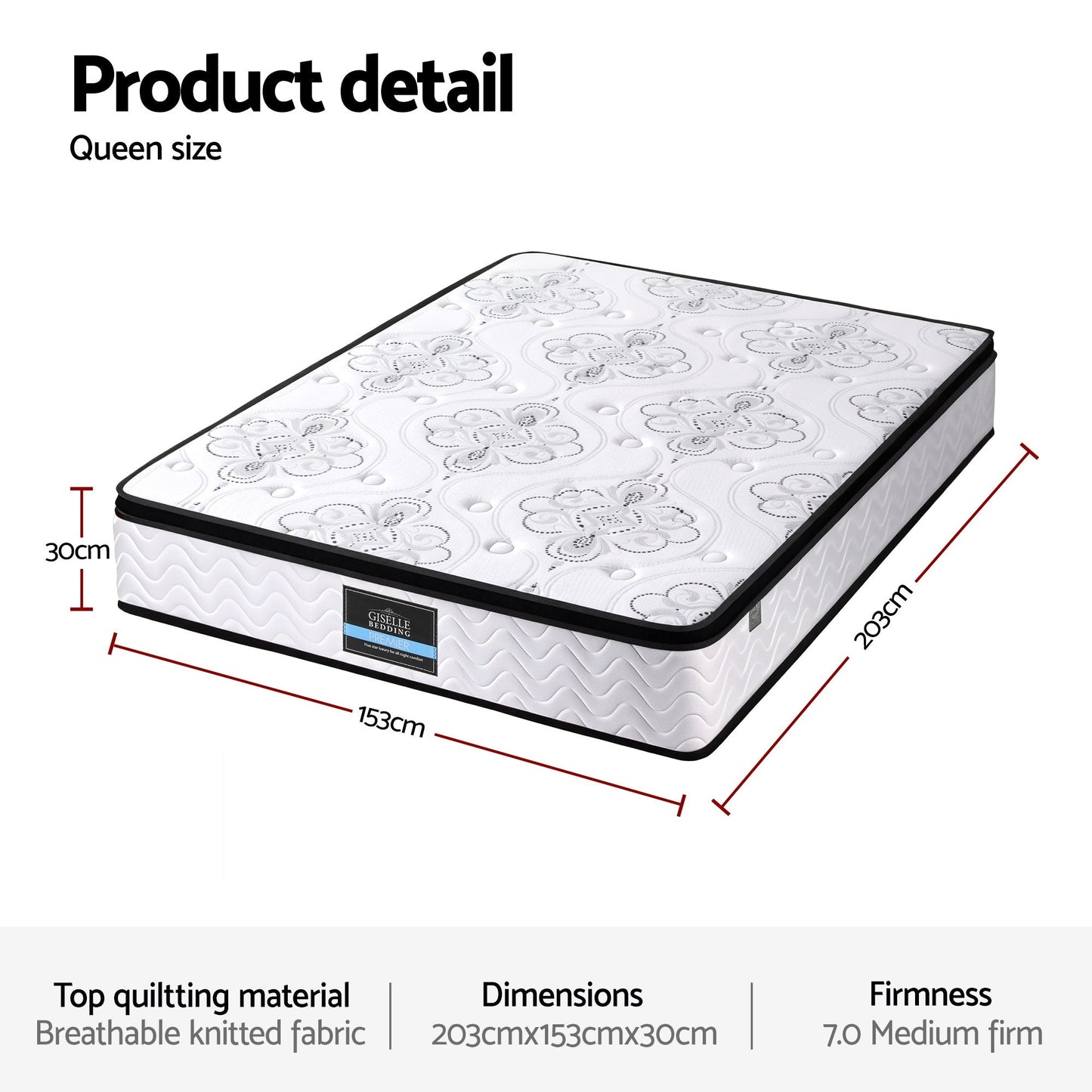 Giselle Bedding Queen Mattress 30cm Pocket Spring Euro Top Medium Firm Foam