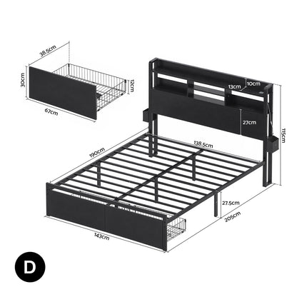 Artiss Bed Frame Double with Charging Station Storage Organizer Drawers LED ZAC