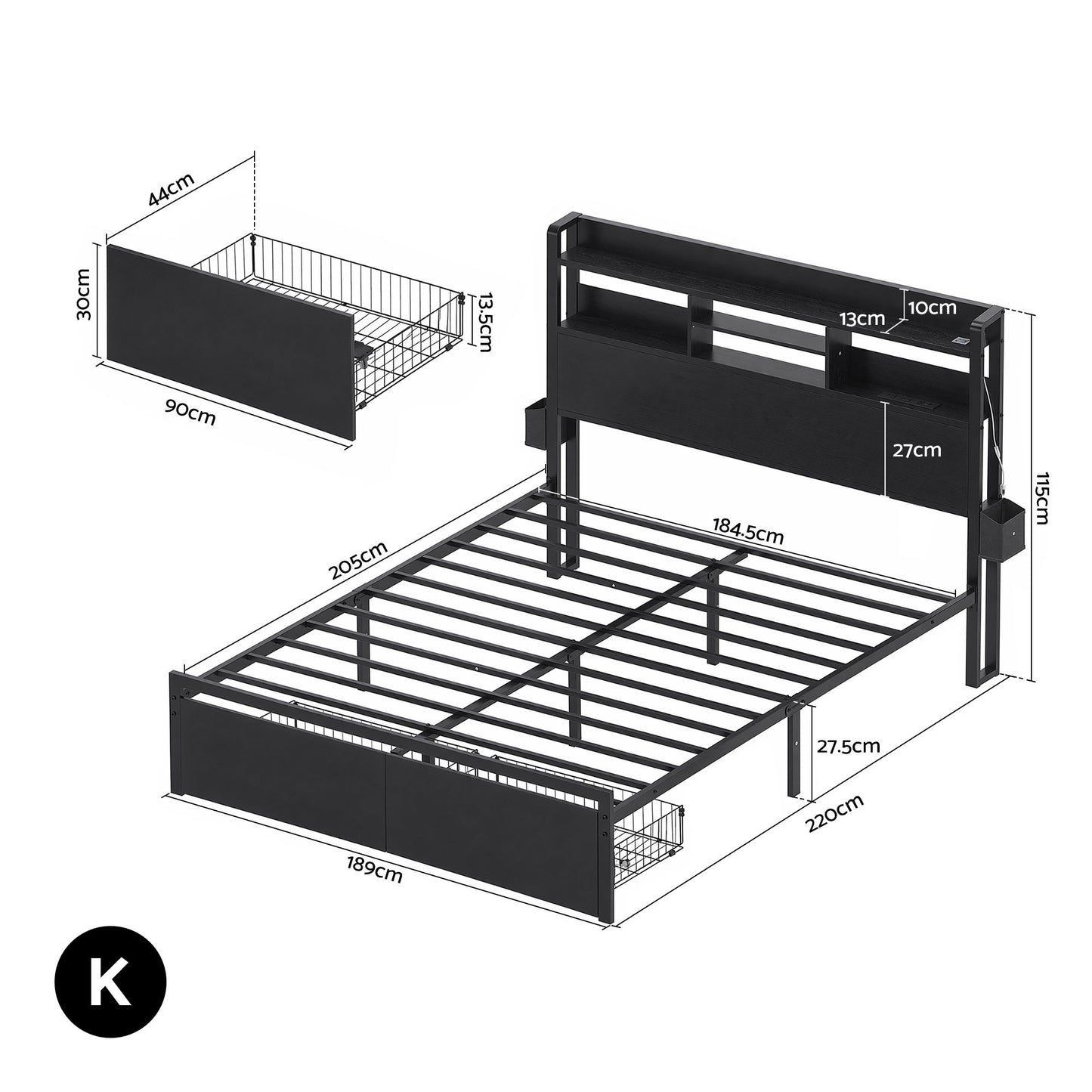 Artiss Bed Frame King with Charging Station Storage Organizer Drawers LED ZAC