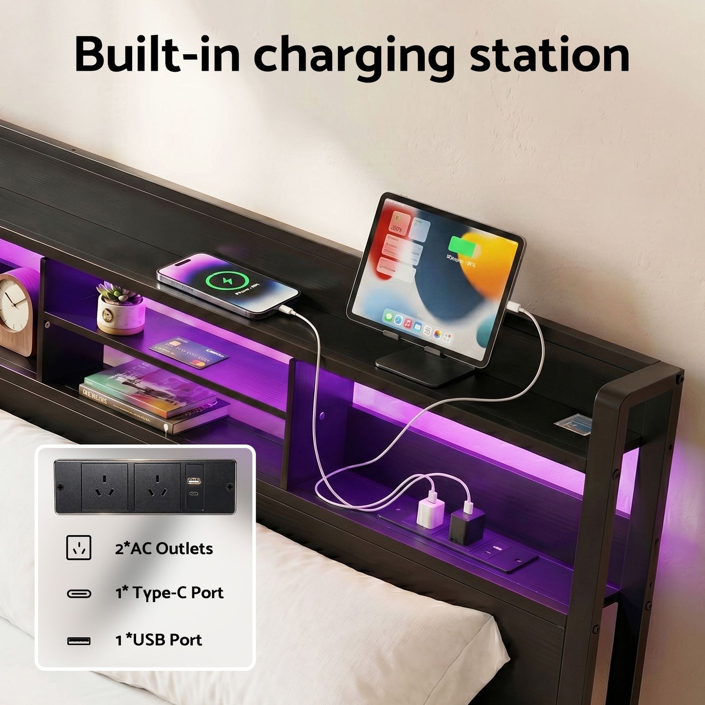 Artiss Bed Frame Queen with Charging Station Storage Organizer Drawers LED ZAC