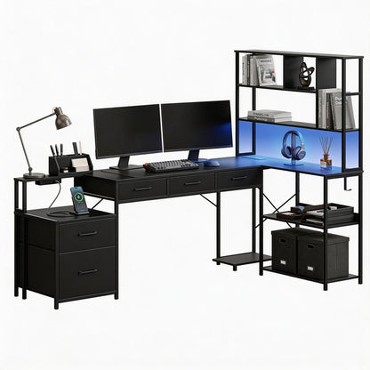 Artiss 140cm L Shaped Gaming Desk Computer Desk with LED Lights & Power Outlets
