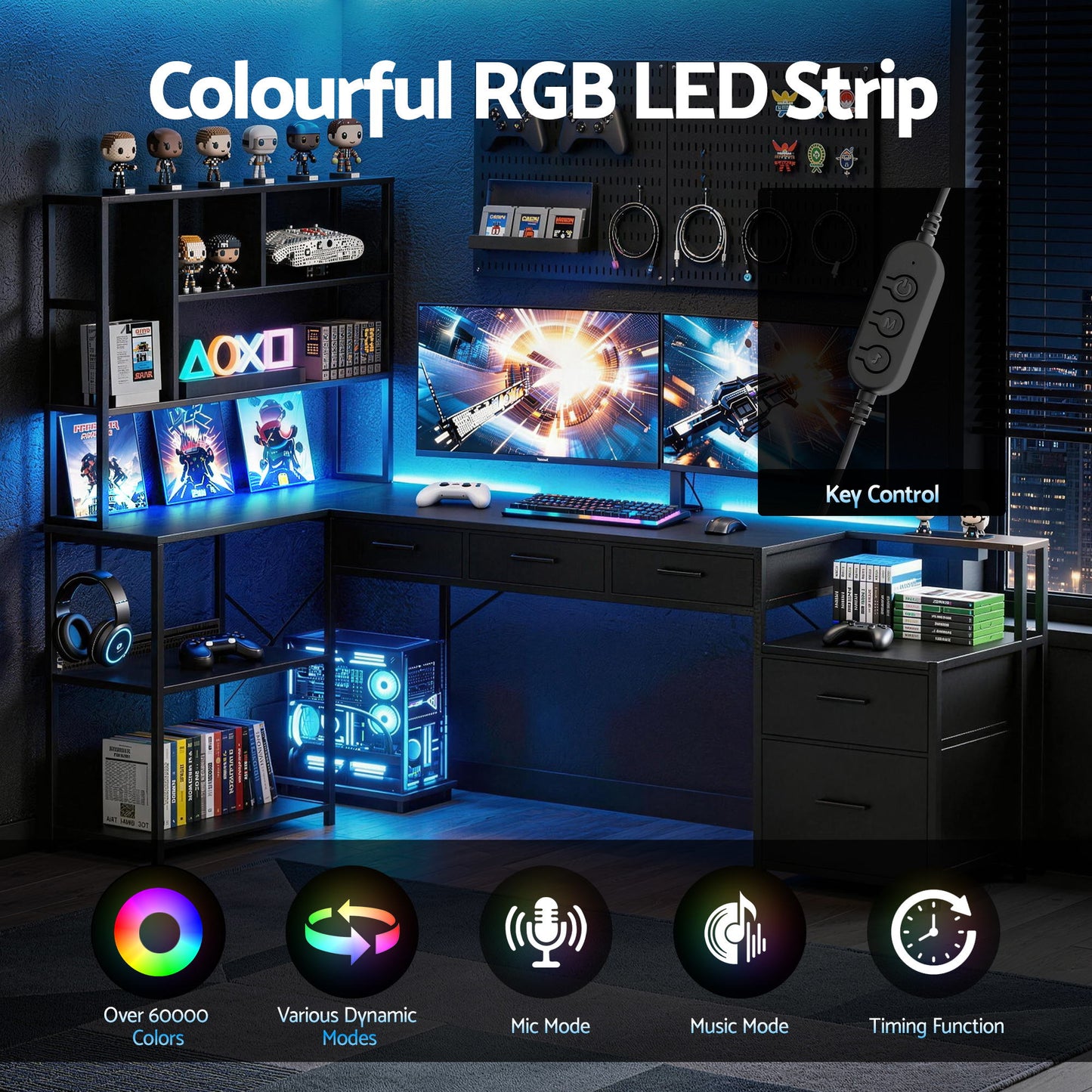 Artiss 140cm L Shaped Gaming Desk Computer Desk with LED Lights & Power Outlets