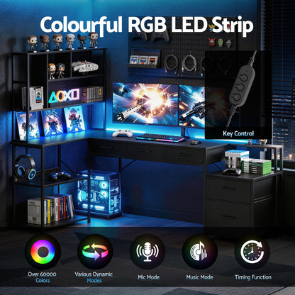 Artiss 140cm L Shaped Gaming Desk Computer Desk with LED Lights & Power Outlets