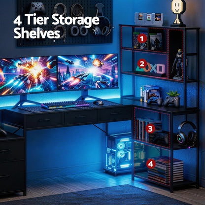 Artiss 140cm L Shaped Gaming Desk Computer Desk with LED Lights & Power Outlets