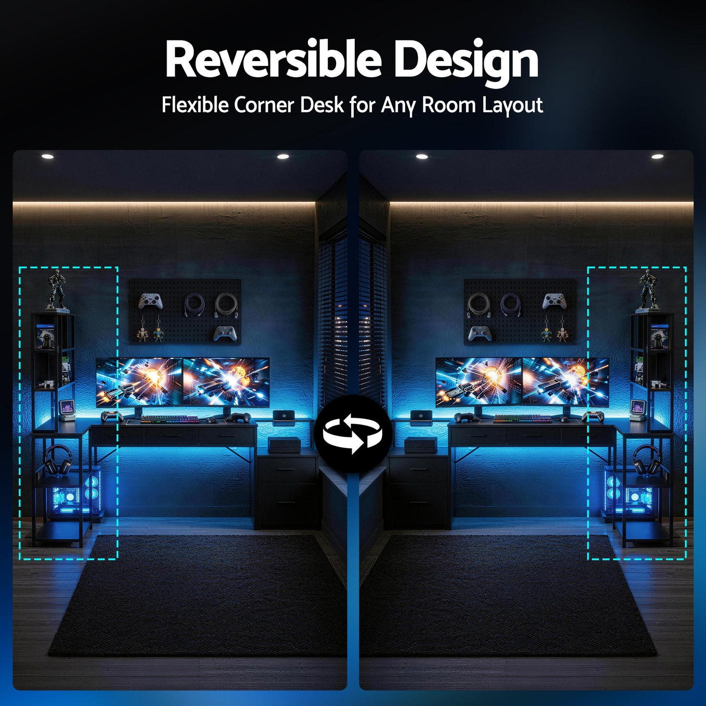 Artiss 140cm L Shaped Gaming Desk Computer Desk with LED Lights & Power Outlets