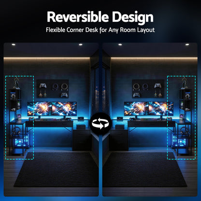 Artiss 140cm L Shaped Gaming Desk Computer Desk with LED Lights & Power Outlets