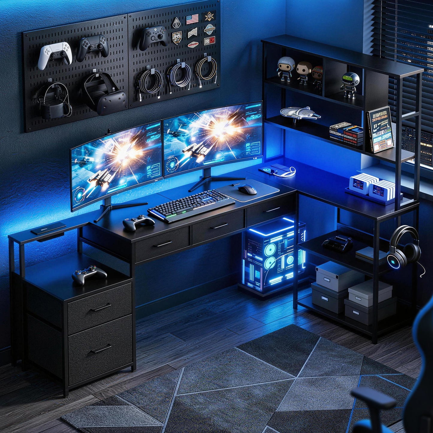 Artiss 140cm L Shaped Gaming Desk Computer Desk with LED Lights & Power Outlets