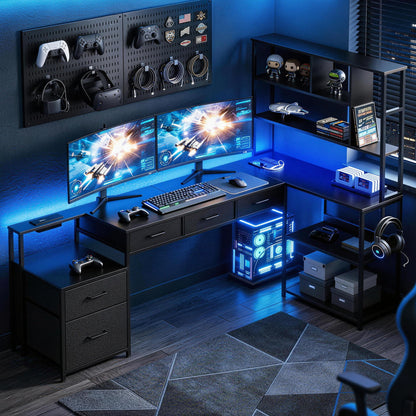 Artiss 140cm L Shaped Gaming Desk Computer Desk with LED Lights & Power Outlets