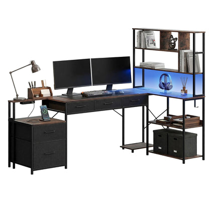 Artiss 140cm L Shaped Gaming Desk Computer Desk with LED Lights & Power Outlets